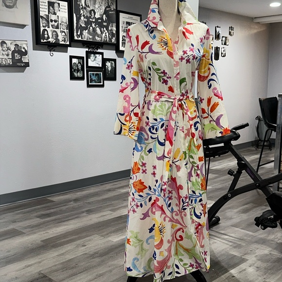 Zara Totem Floral Print Bow Sashes Midi Shirt Dress - Picture 2 of 13